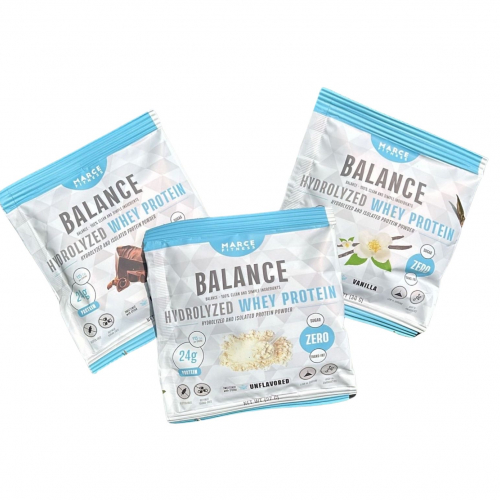 BOLSA CON 3 SACHETTES de 30GR PROTEINA HIDROLIZADA BALANCE (SOBRES) 1 CHOCOLATE, 1 VAINILLA, 1 SIN SABOR