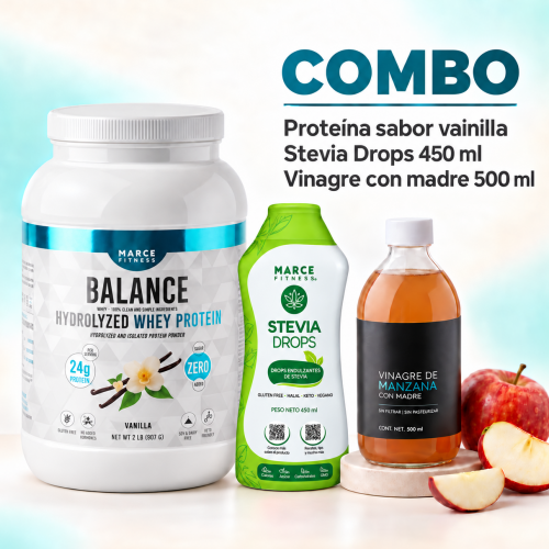COMBO PROTEINA VANILLA 2 LIBRAS + 1 STEVIA 450ML + 1 VINAGRE 500ML